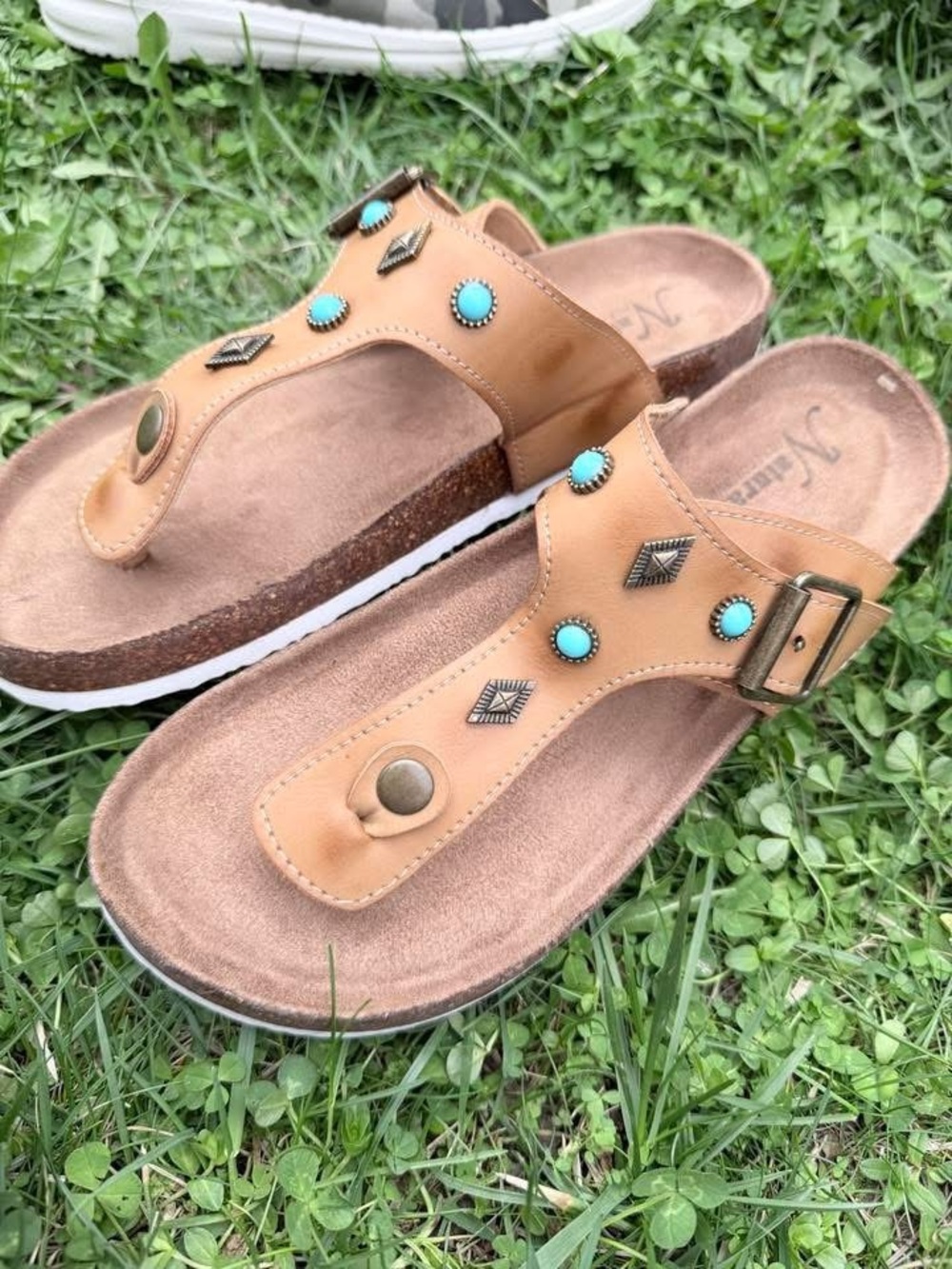 Studded Tan Leather Thong Sandals with Turquoise Accents